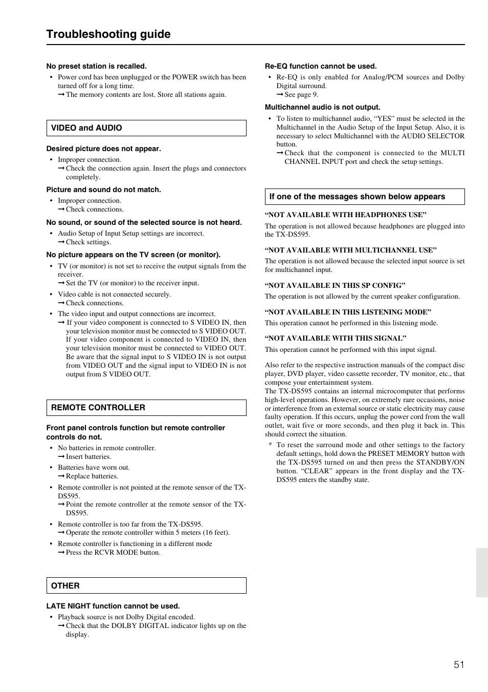 Troubleshooting guide | Onkyo TX-DS595 User Manual | Page 51 / 52