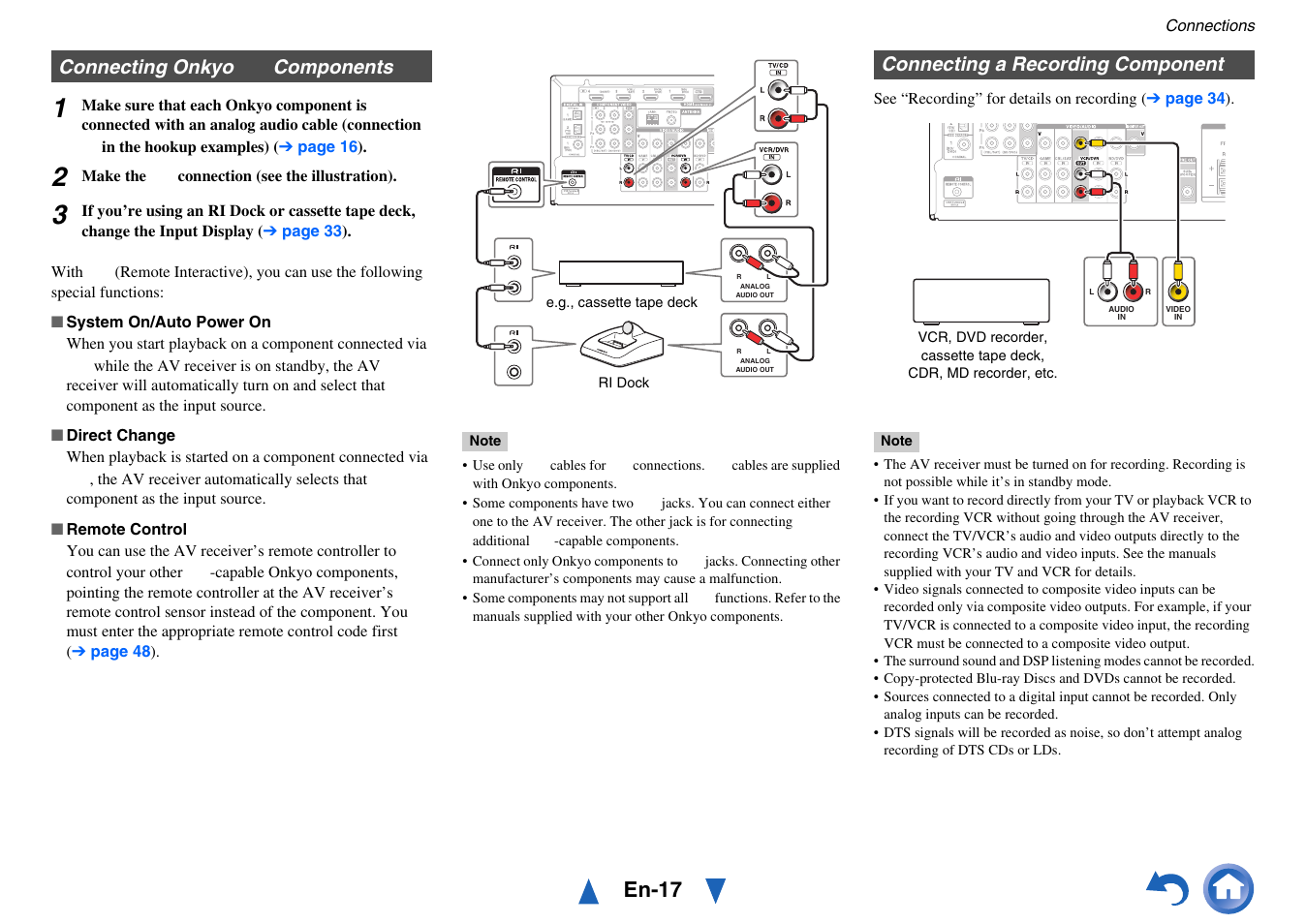 Connecting onkyo ri components, Connecting a recording component, Connecting onkyo | Components, En-17, Connecting onkyo components | Onkyo HT-RC430 User Manual | Page 17 / 64