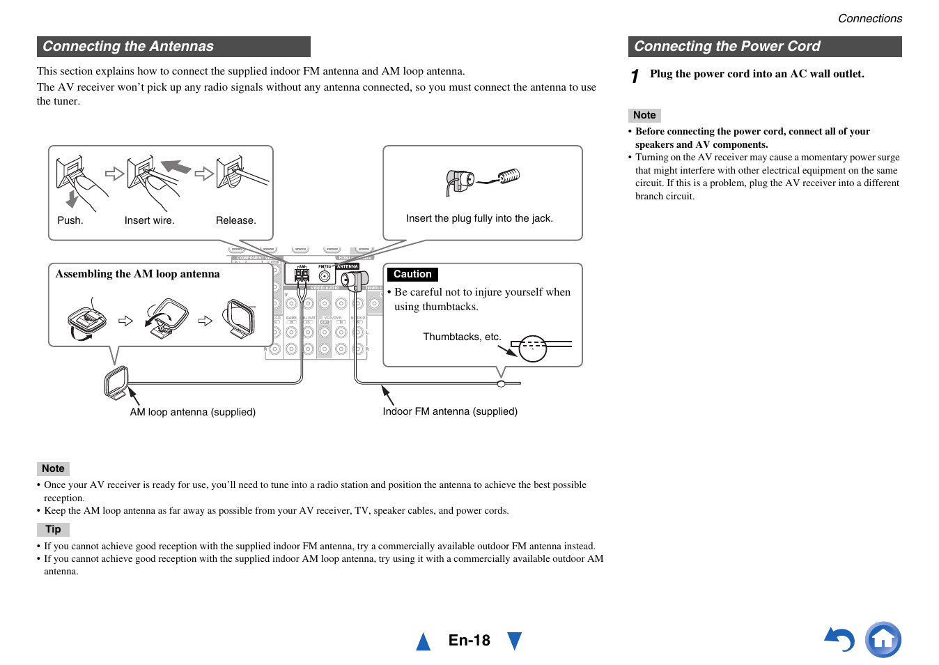 Connecting the antennas, Connecting the power cord, Connecting the antennas connecting the power cord | En-18 | Onkyo HT-RC430 User Manual | Page 18 / 64