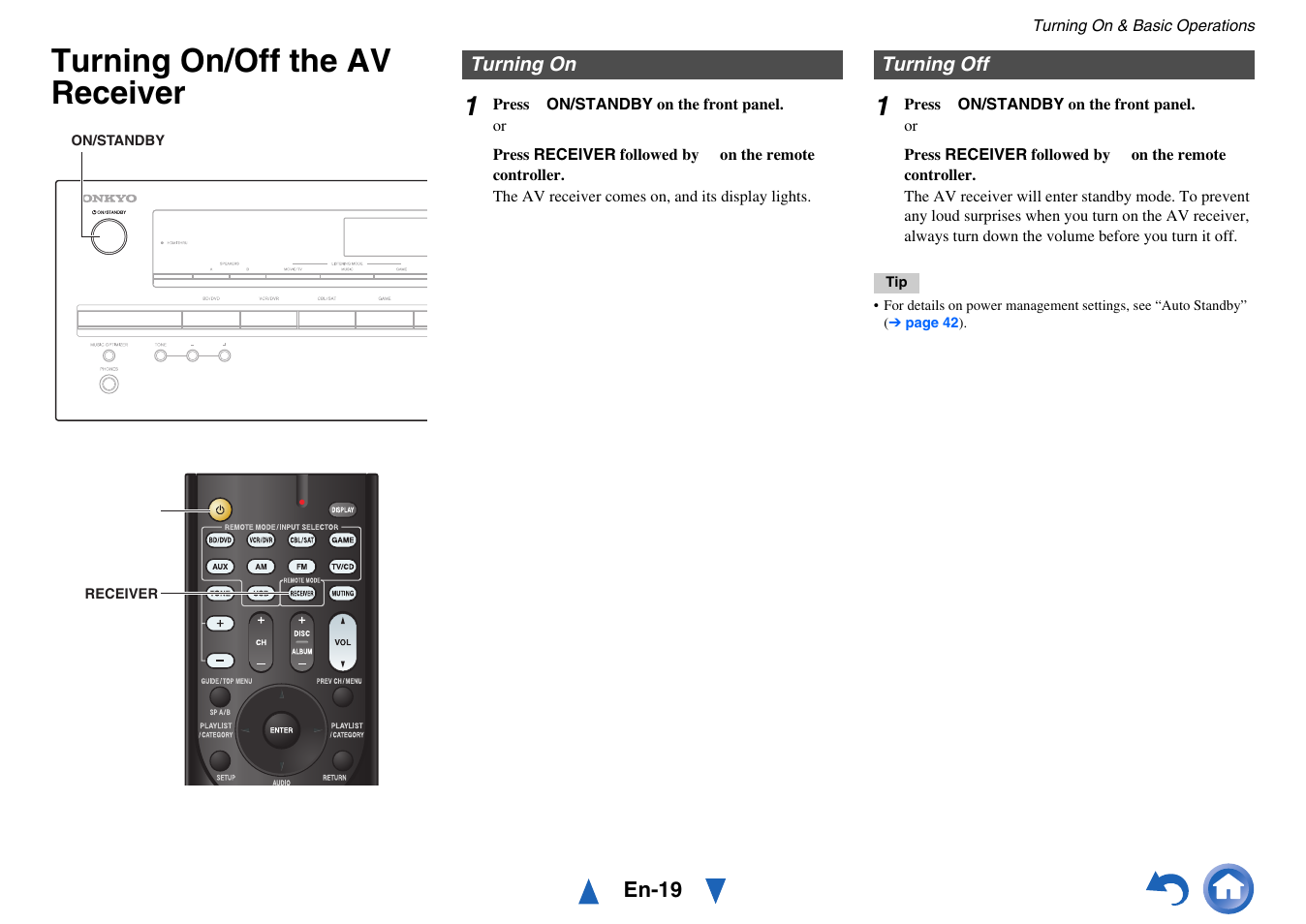 Turning on & basic operations, Turning on/off the av receiver, Turning on | Turning off, Turning on turning off | Onkyo HT-RC430 User Manual | Page 19 / 64