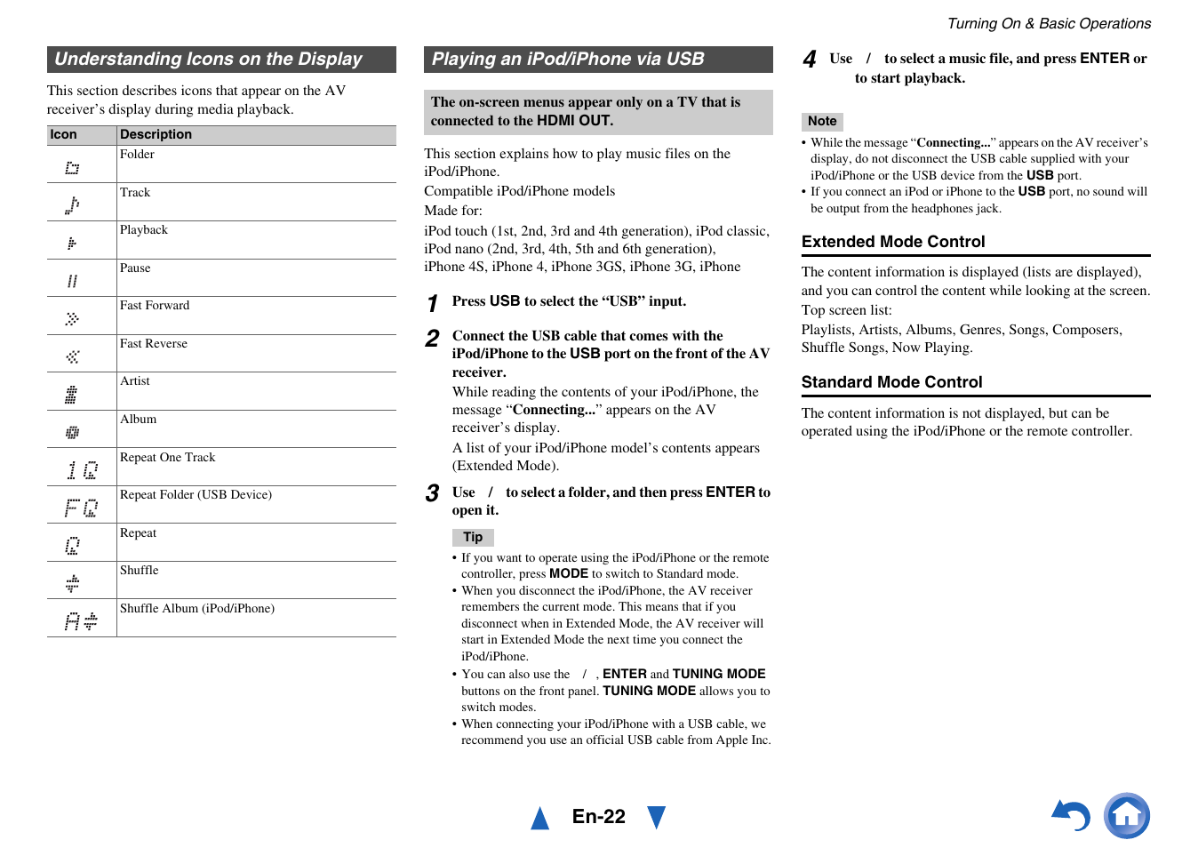 Understanding icons on the display, Playing an ipod/iphone via usb, En-22 | Onkyo HT-RC430 User Manual | Page 22 / 64