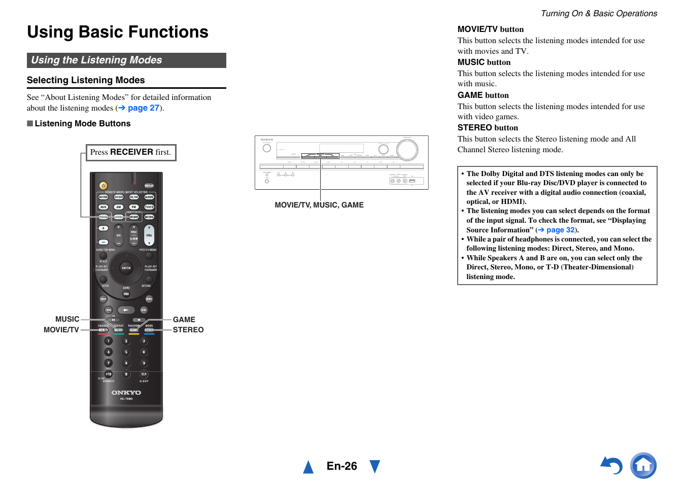 Using basic functions, Using the listening modes, En-26 | Onkyo HT-RC430 User Manual | Page 26 / 64