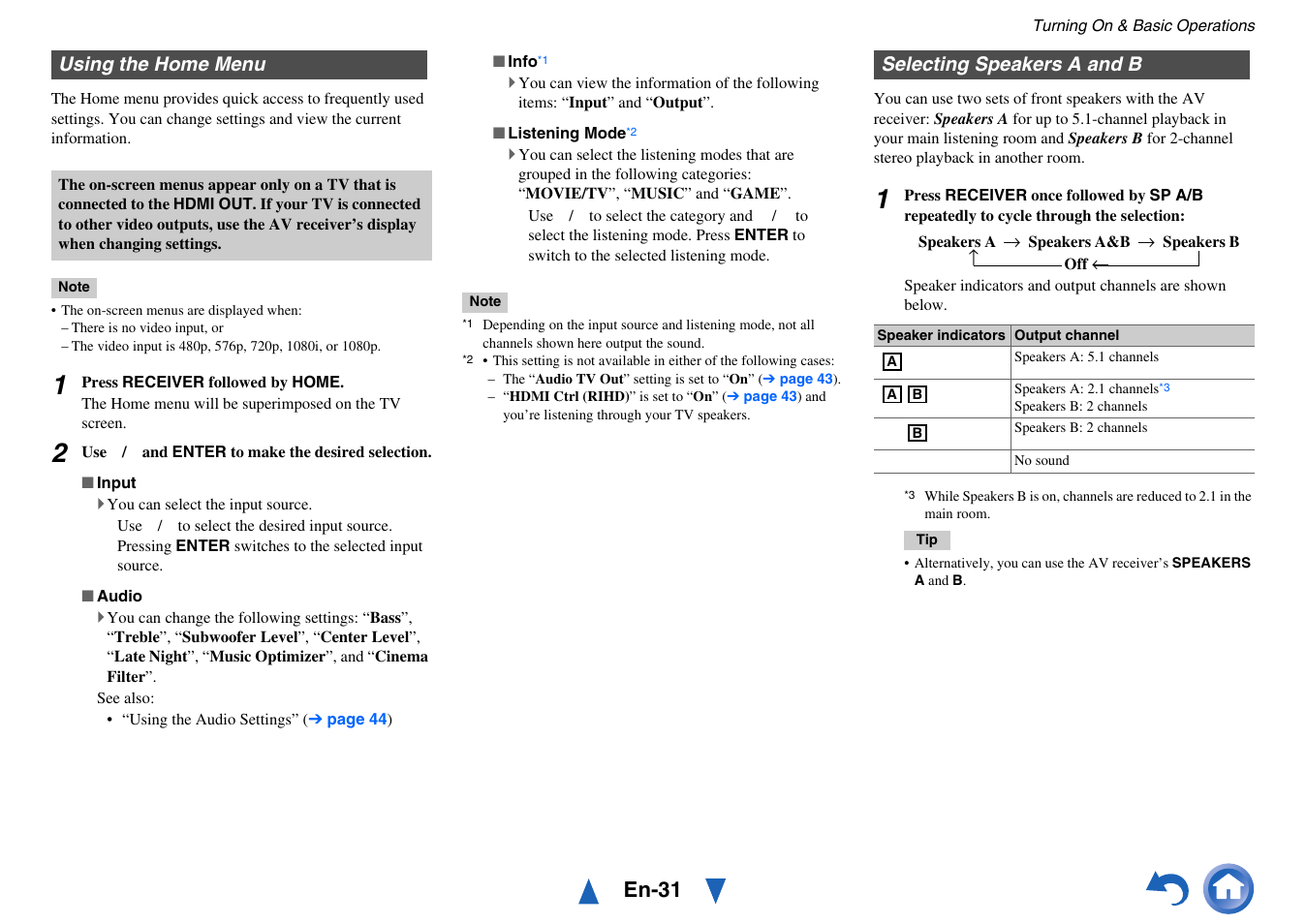 Using the home menu, Selecting speakers a and b, Using the home menu selecting speakers a and b | En-31 | Onkyo HT-RC430 User Manual | Page 31 / 64