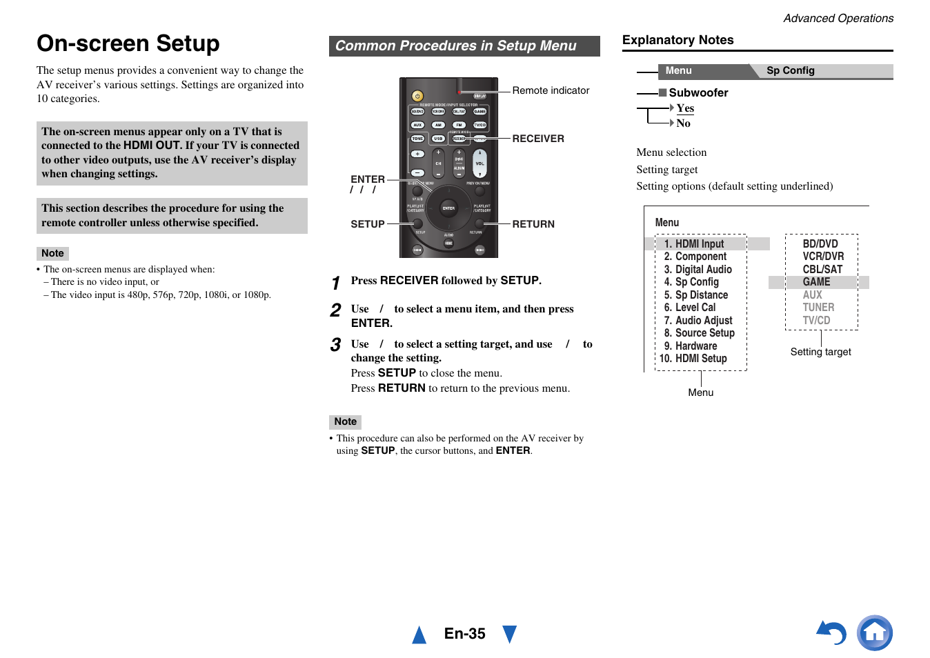Advanced operations, On-screen setup, Common procedures in setup menu | See “on- screen setup” fo, See “on-screen setup, En-35 | Onkyo HT-RC430 User Manual | Page 35 / 64