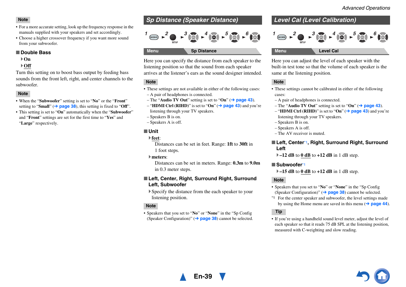 Sp distance (speaker distance), Level cal (level calibration), En-39 | Onkyo HT-RC430 User Manual | Page 39 / 64