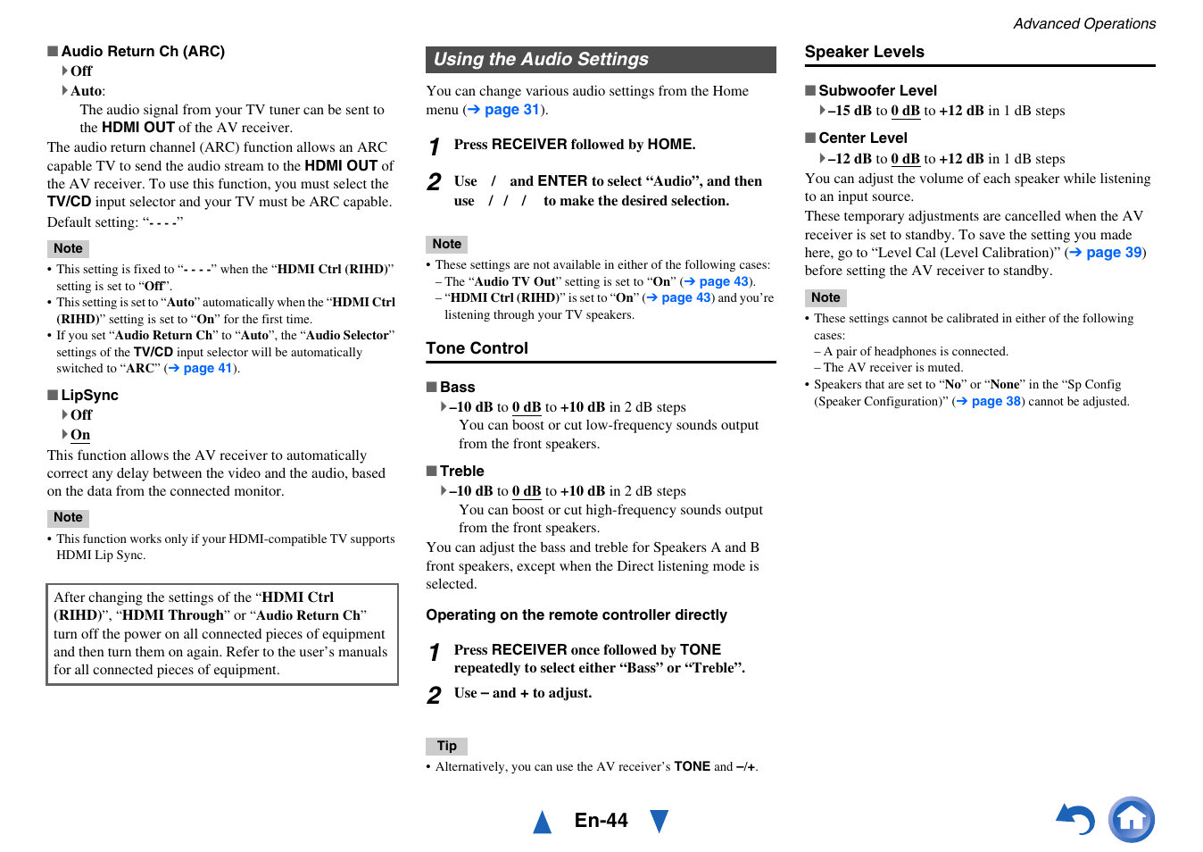 Using the audio settings, En-44 | Onkyo HT-RC430 User Manual | Page 44 / 64