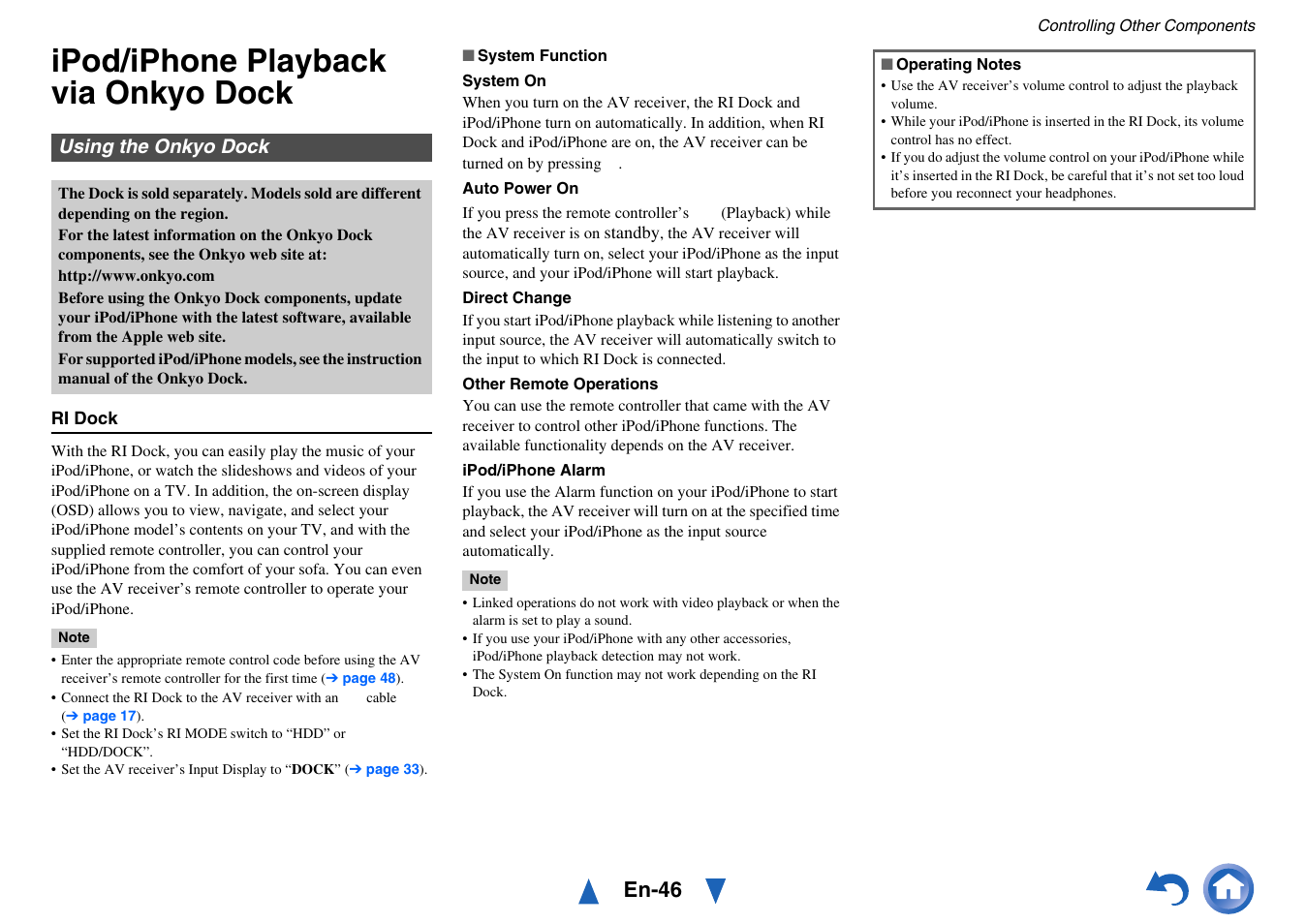 Controlling other components, Ipod/iphone playback via onkyo dock, Using the onkyo dock | En-46 | Onkyo HT-RC430 User Manual | Page 46 / 64