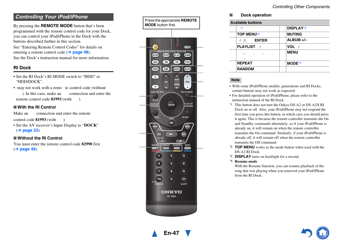 Controlling your ipod/iphone, En-47 | Onkyo HT-RC430 User Manual | Page 47 / 64