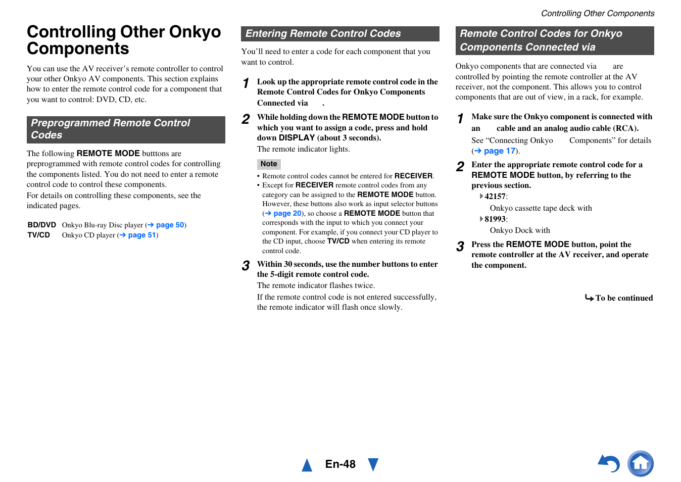 Controlling other onkyo components, Preprogrammed remote control codes, Entering remote control codes | Onkyo components connected via, E “entering remote control codes, Ails, T time, See “entering remote control codes” for details | Onkyo HT-RC430 User Manual | Page 48 / 64