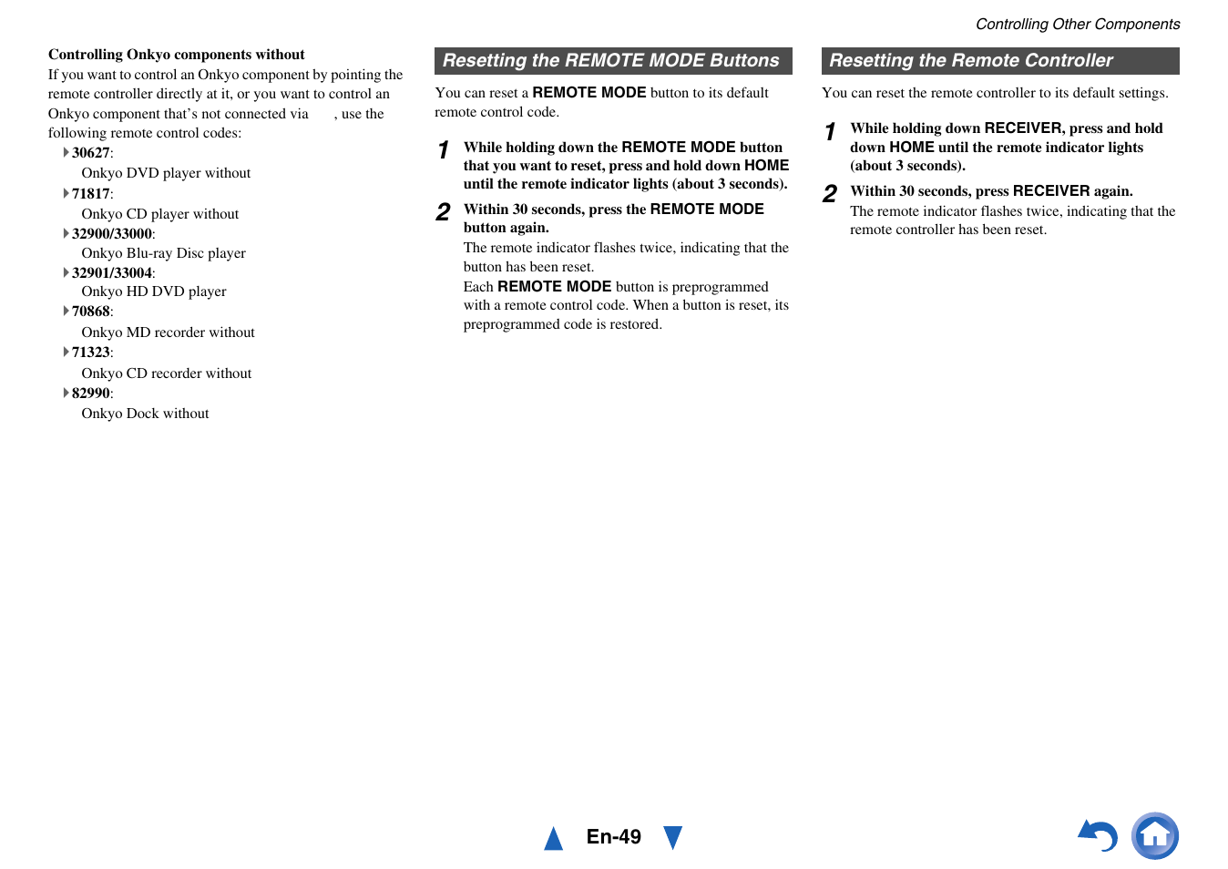 Resetting the remote mode buttons, Resetting the remote controller | Onkyo HT-RC430 User Manual | Page 49 / 64