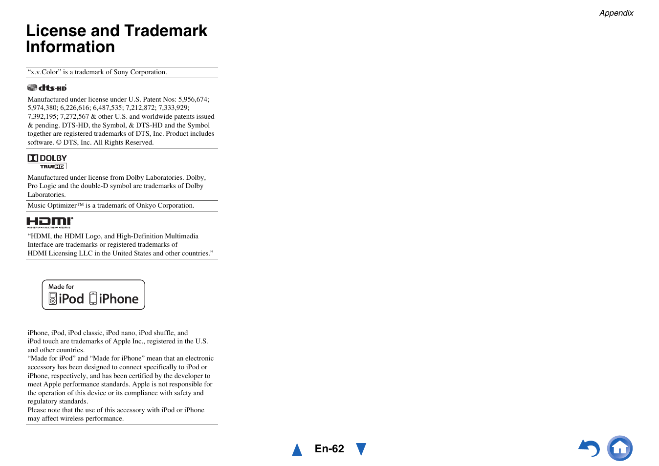 License and trademark information | Onkyo HT-RC430 User Manual | Page 62 / 64