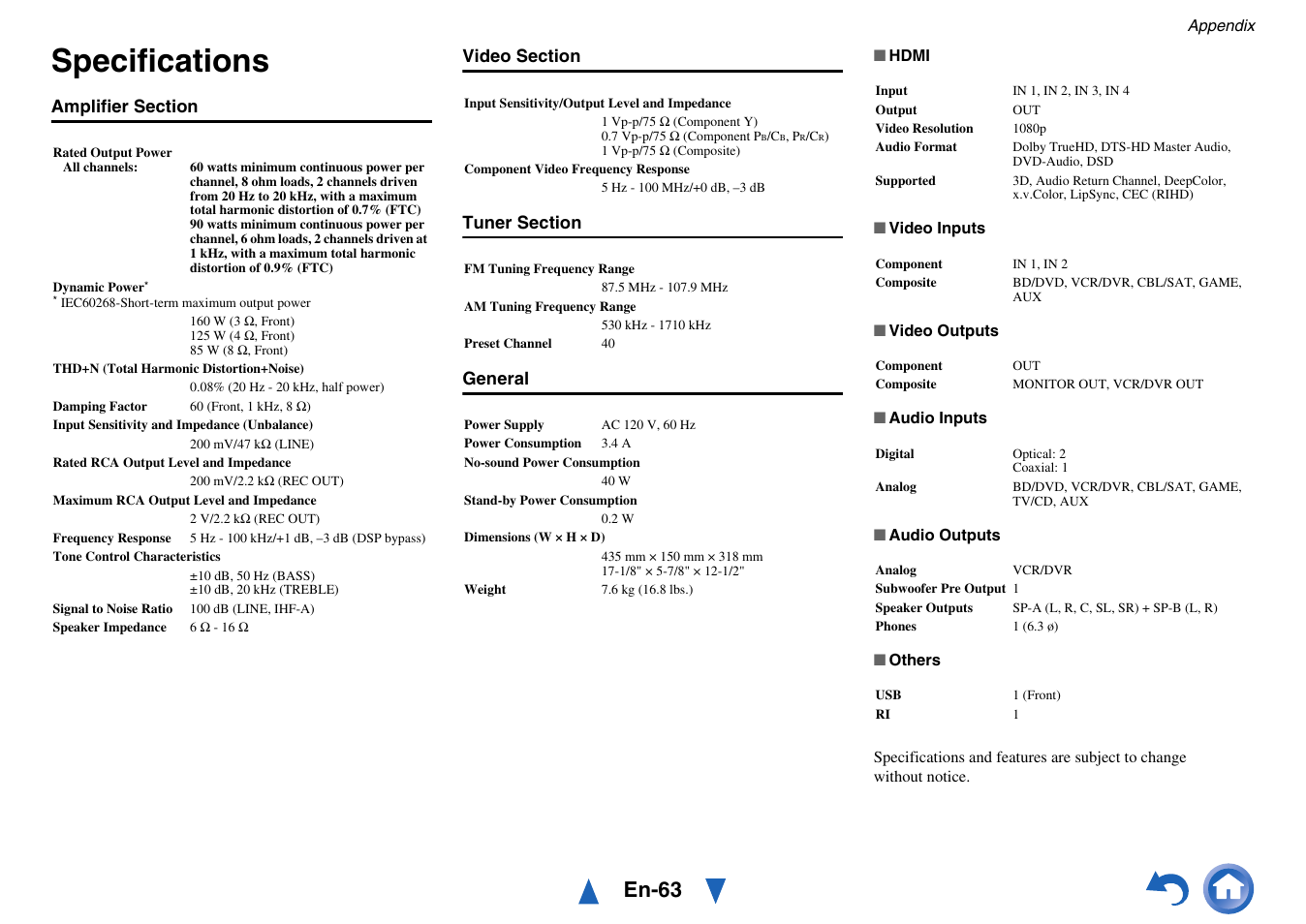 Specifications, En-63 | Onkyo HT-RC430 User Manual | Page 63 / 64