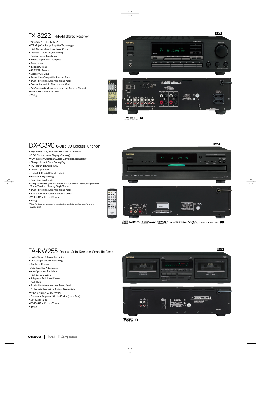 Tx-8222, Dx-c390, Ta-rw255 | Fm/am stereo receiver, Disc cd carousel changer, Double auto-reverse cassette deck | Onkyo DX-7355 User Manual | Page 2 / 8