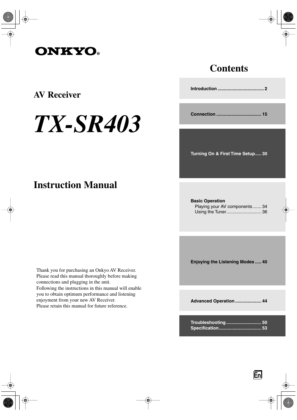 Onkyo TX-SR403 User Manual | 56 pages