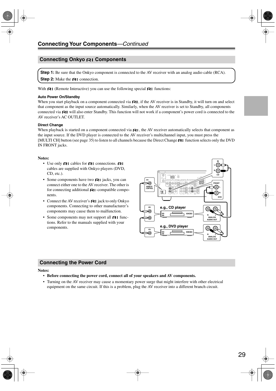 Connecting onkyo components, Connecting the power cord, Connecting your components —continued | Onkyo TX-SR403 User Manual | Page 29 / 56