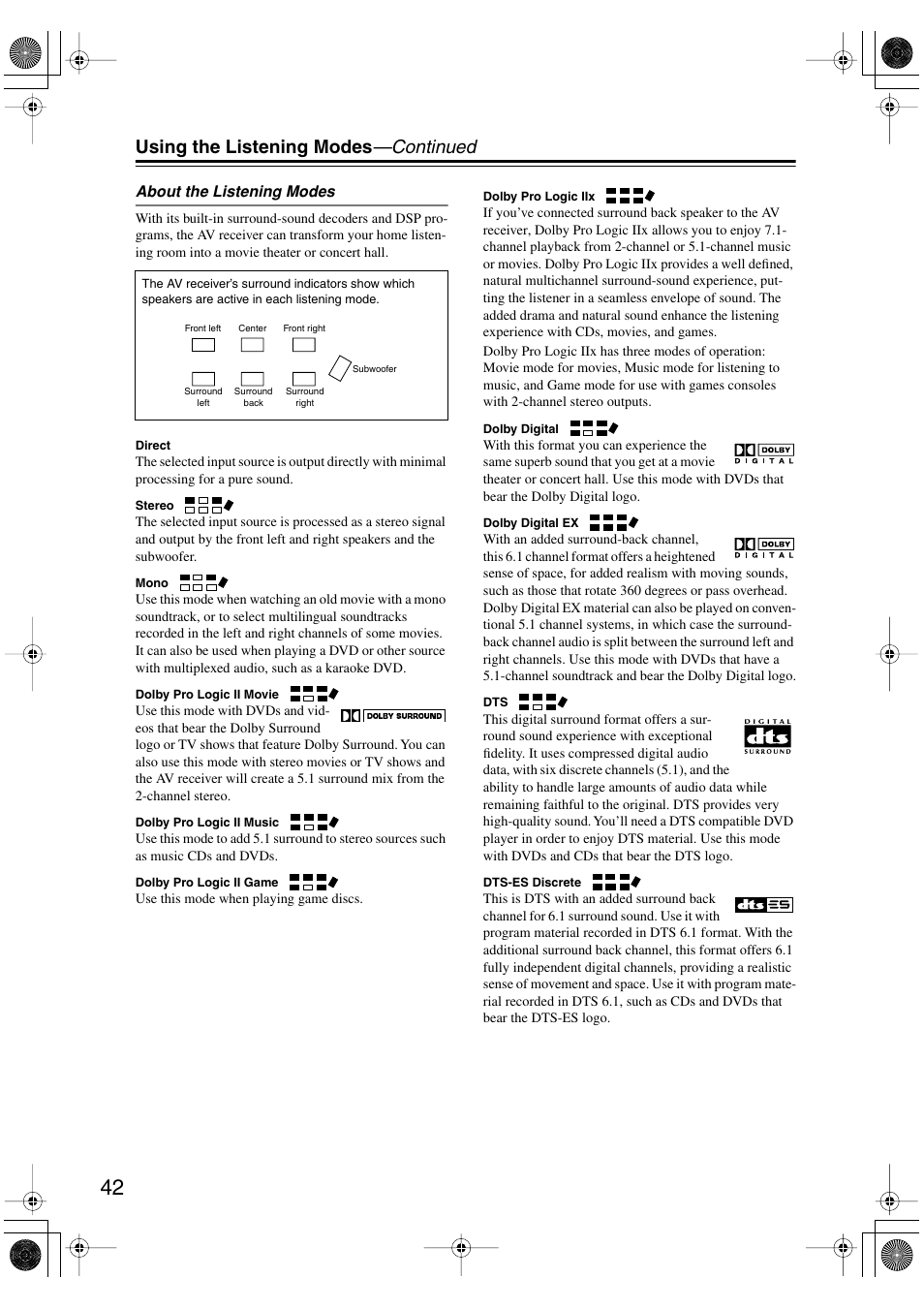 S (42), Using the listening modes —continued | Onkyo TX-SR403 User Manual | Page 42 / 56