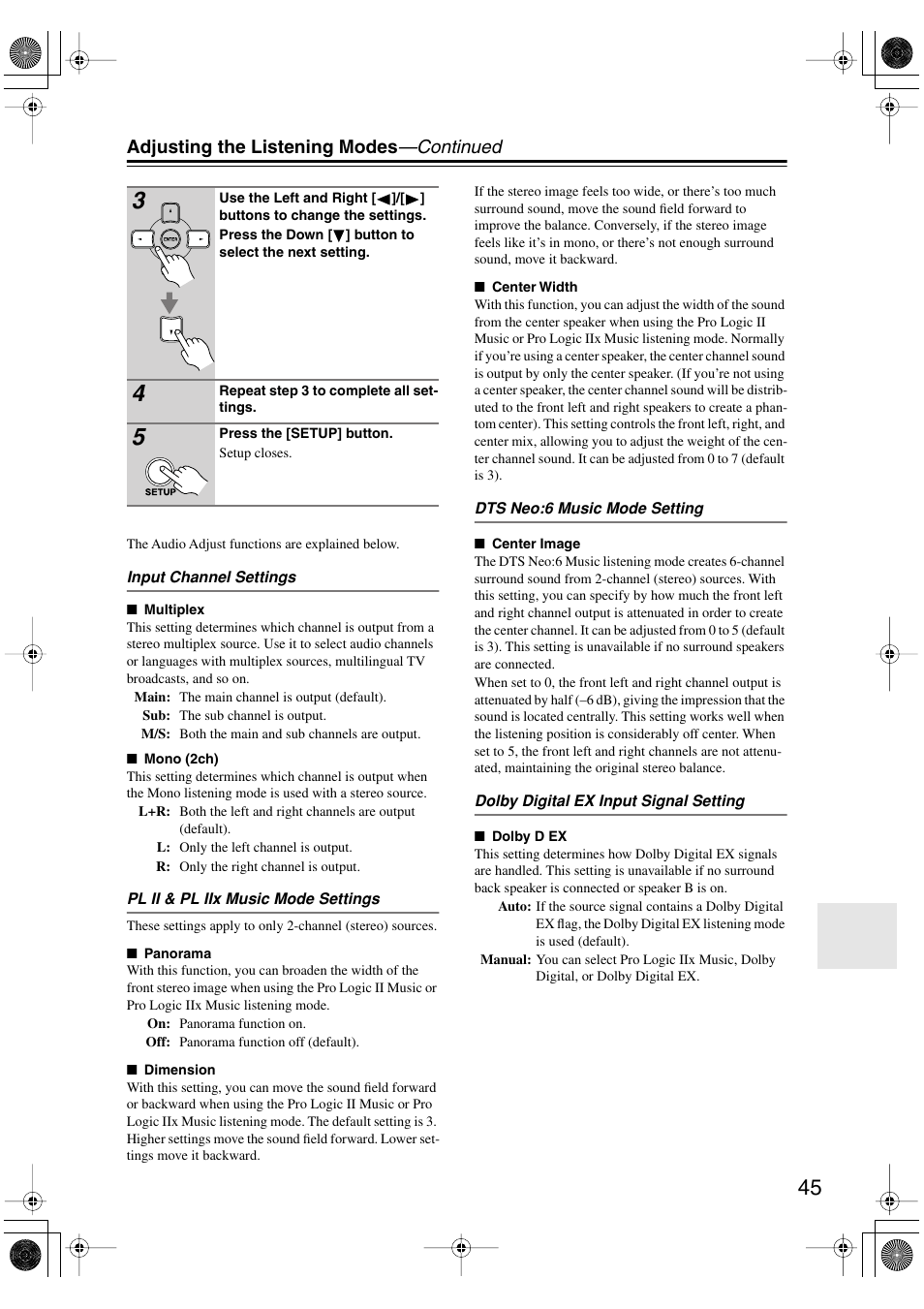 Adjusting the listening modes —continued | Onkyo TX-SR403 User Manual | Page 45 / 56