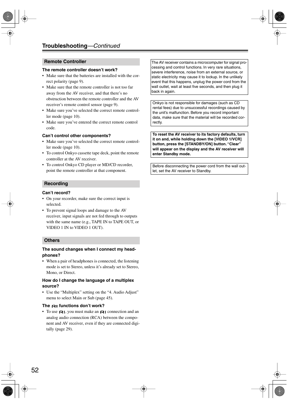 Troubleshooting —continued | Onkyo TX-SR403 User Manual | Page 52 / 56