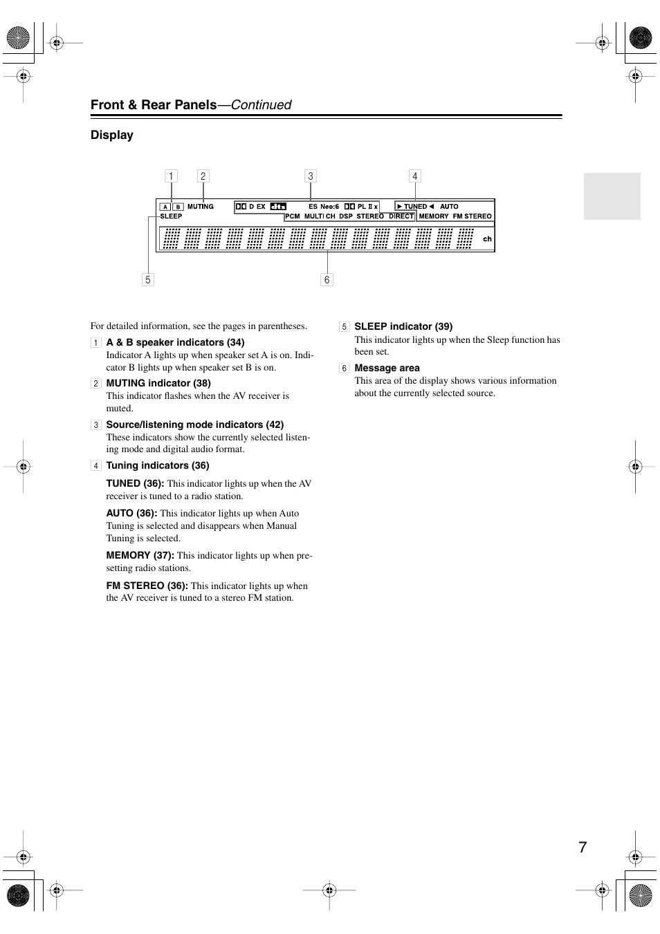 Display, Front & rear panels —continued | Onkyo TX-SR403 User Manual | Page 7 / 56