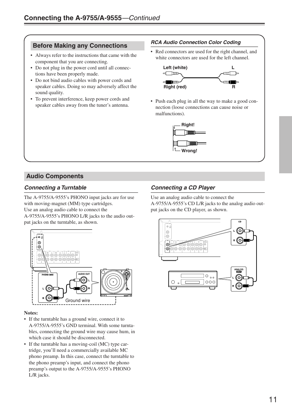 Before making any connections, Audio components | Onkyo A-9555 User Manual | Page 11 / 20