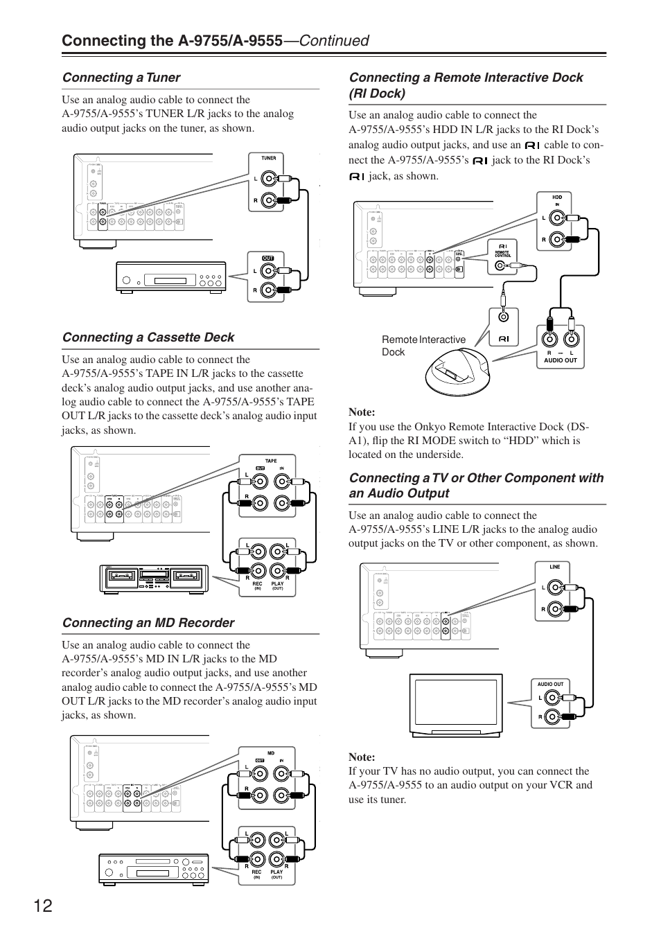 Connecting a tuner, Connecting a cassette deck, Connecting an md recorder | Connecting a remote interactive dock (ri dock) | Onkyo A-9555 User Manual | Page 12 / 20