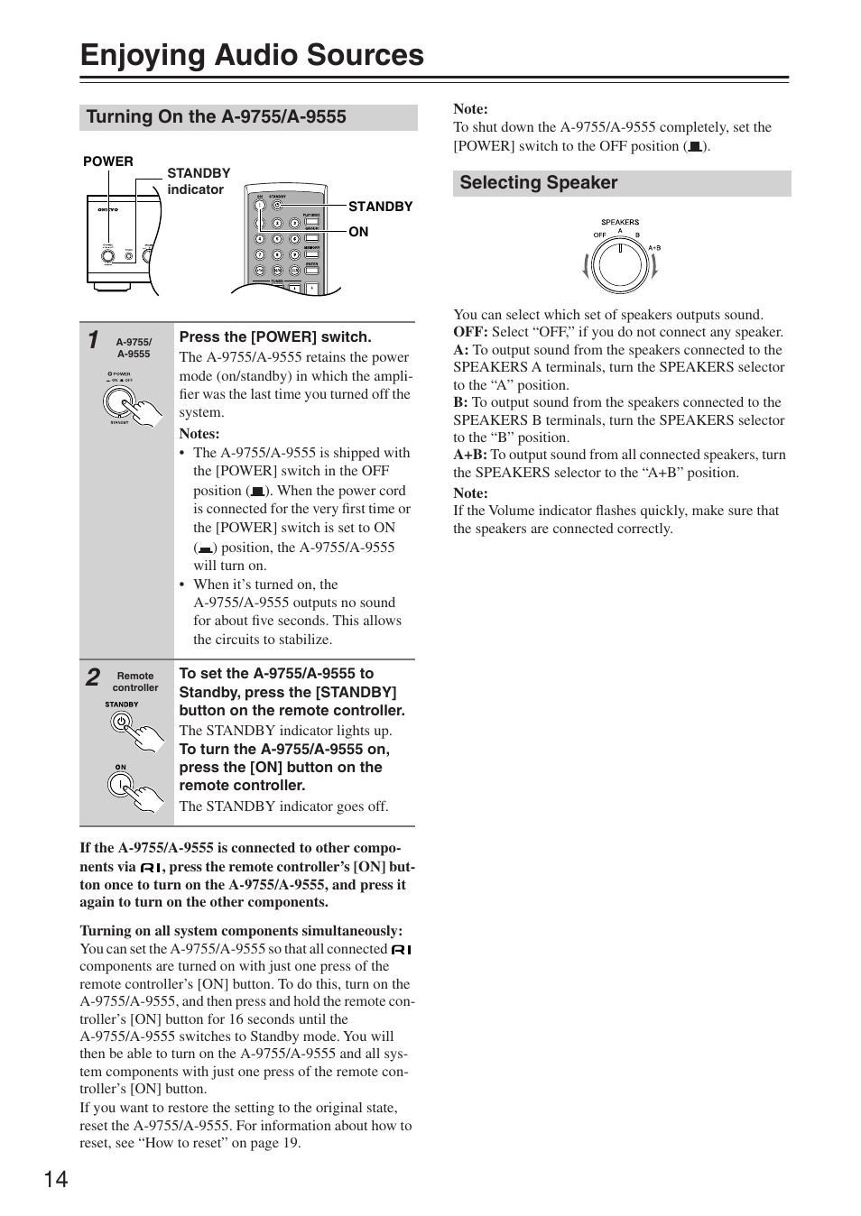 Enjoying audio sources | Onkyo A-9555 User Manual | Page 14 / 20