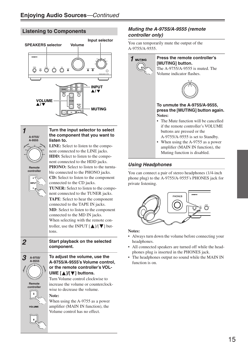 Enjoying audio sources —continued, Listening to components | Onkyo A-9555 User Manual | Page 15 / 20