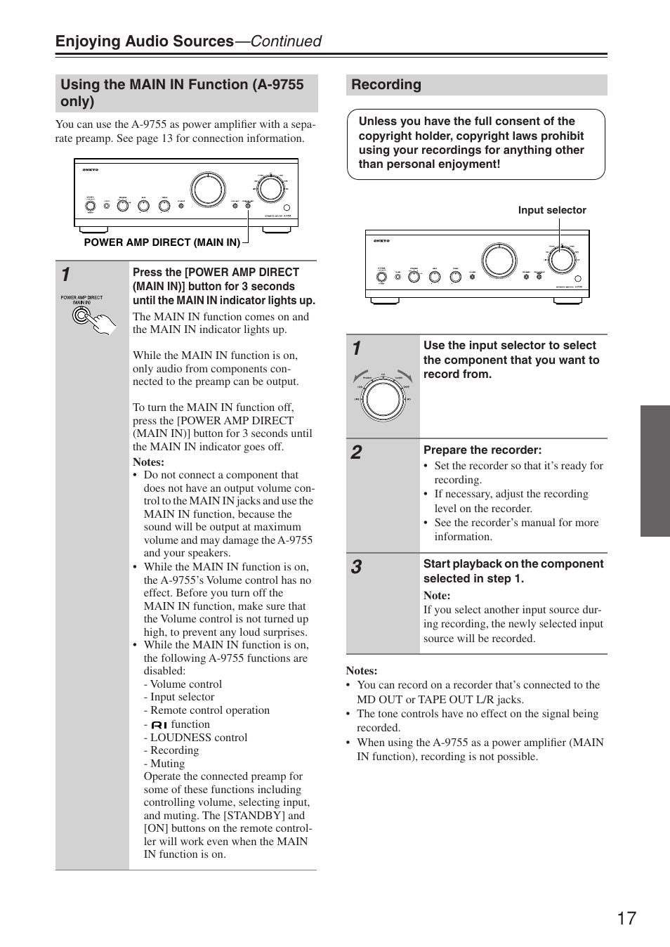 Enjoying audio sources —continued | Onkyo A-9555 User Manual | Page 17 / 20
