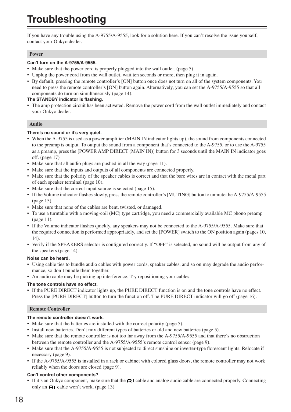 Troubleshooting | Onkyo A-9555 User Manual | Page 18 / 20