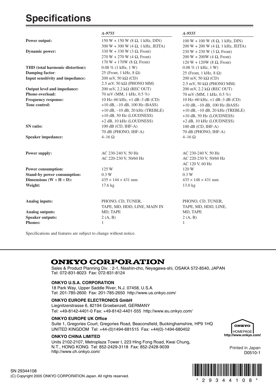 Specifications | Onkyo A-9555 User Manual | Page 20 / 20