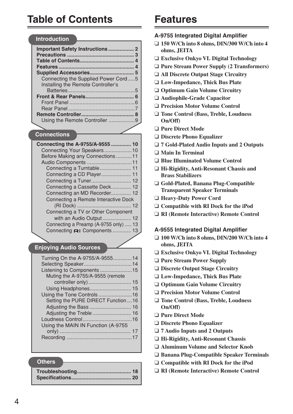 Table of contents features | Onkyo A-9555 User Manual | Page 4 / 20