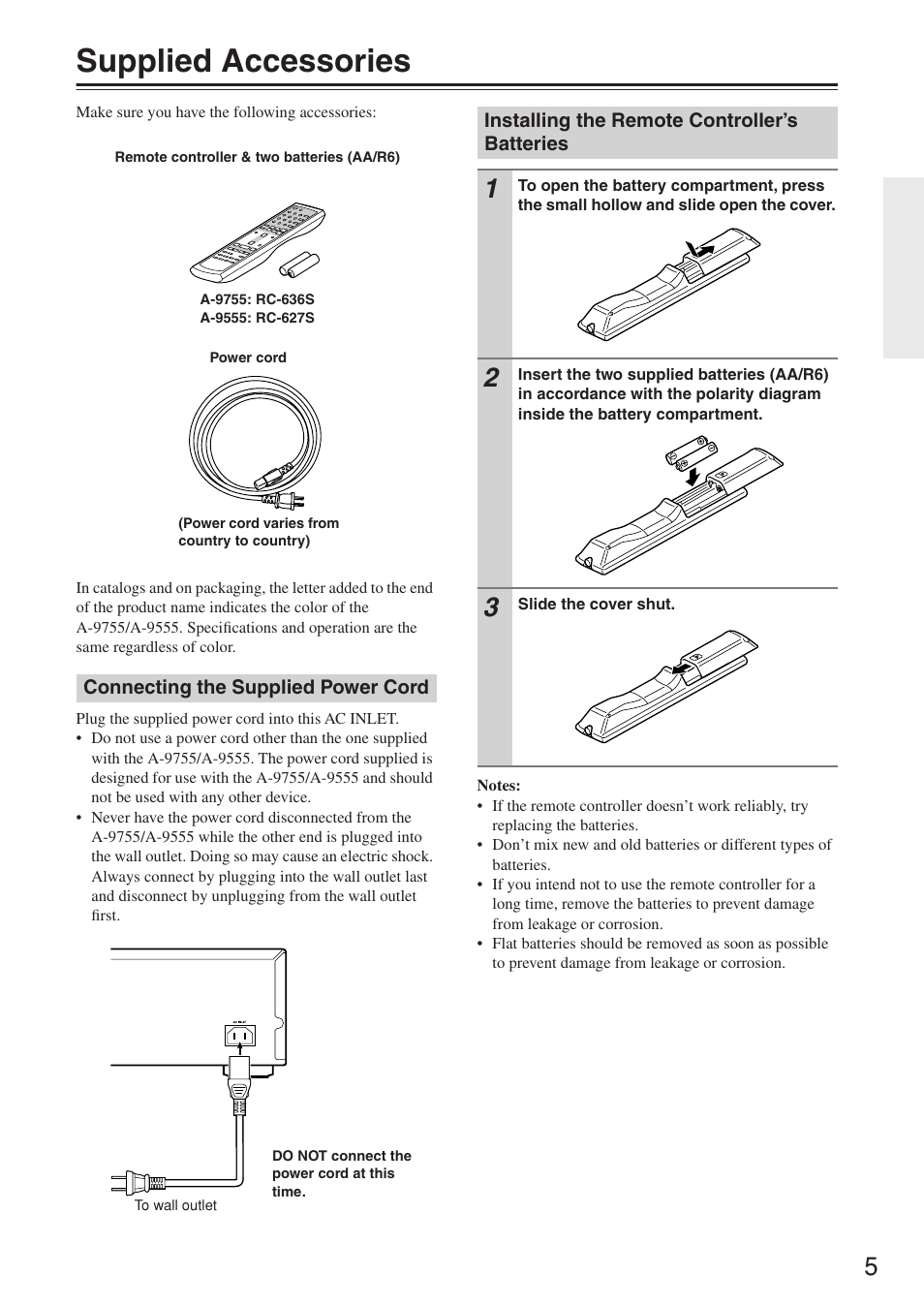 Supplied accessories | Onkyo A-9555 User Manual | Page 5 / 20