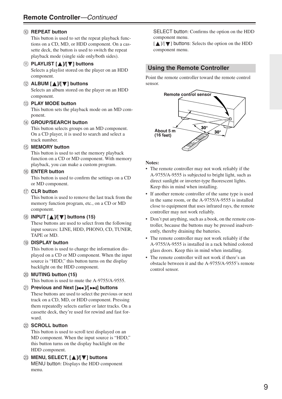 Remote controller —continued | Onkyo A-9555 User Manual | Page 9 / 20