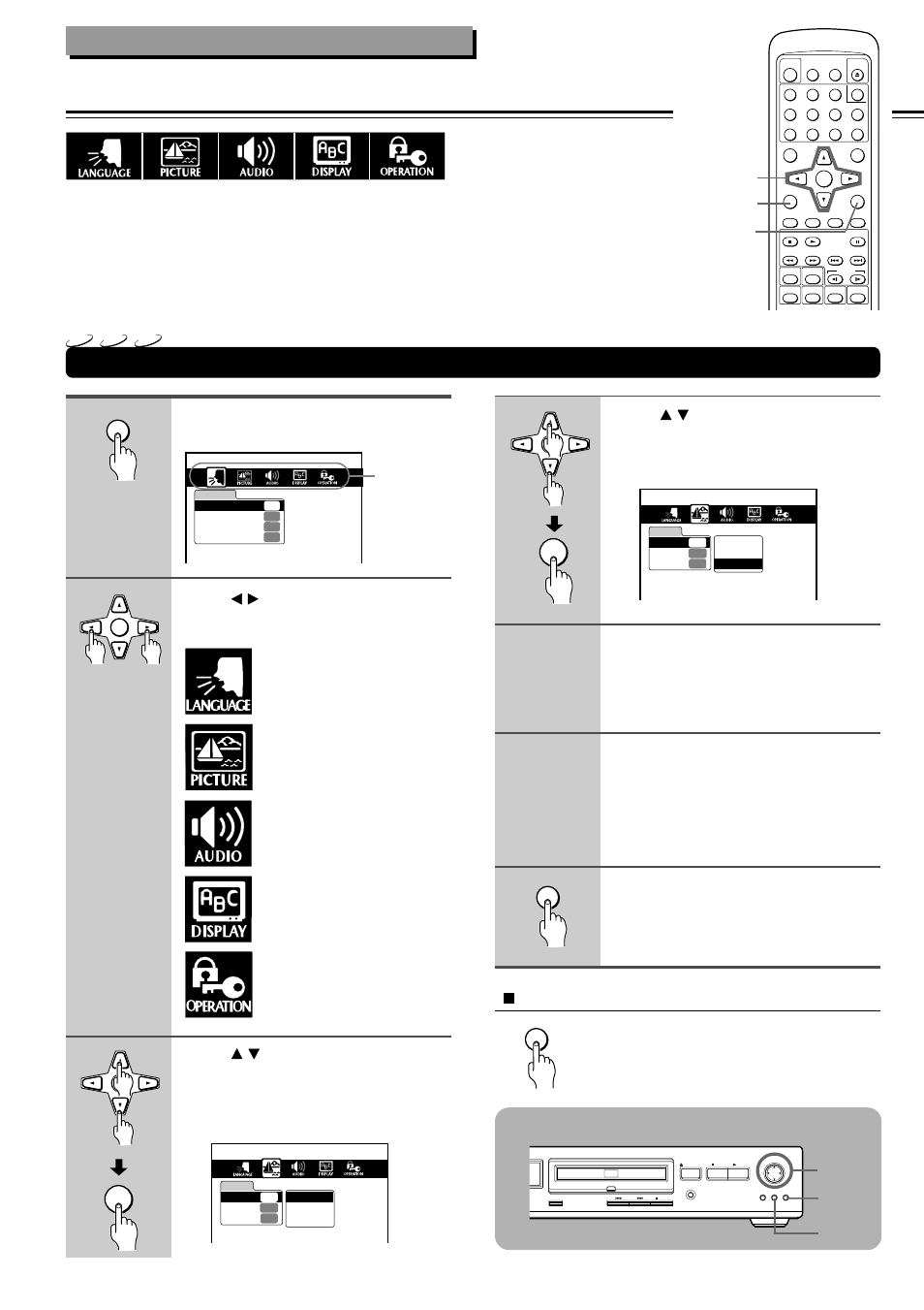 Customizing the function settings, Setting steps, Function setup | Press setup, Press / to change the setting, the press enter, When operating with the dvd player, The following setting menu appears, Press return | Onkyo DV-S535 User Manual | Page 28 / 44