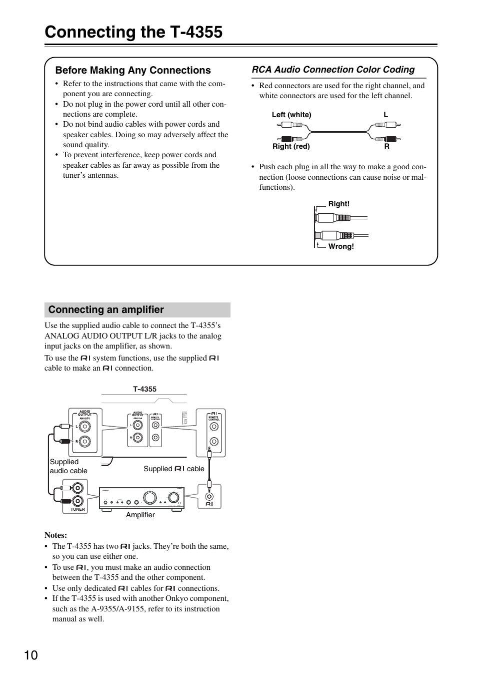 Connecting the t-4355 | Onkyo T-4355 User Manual | Page 10 / 24