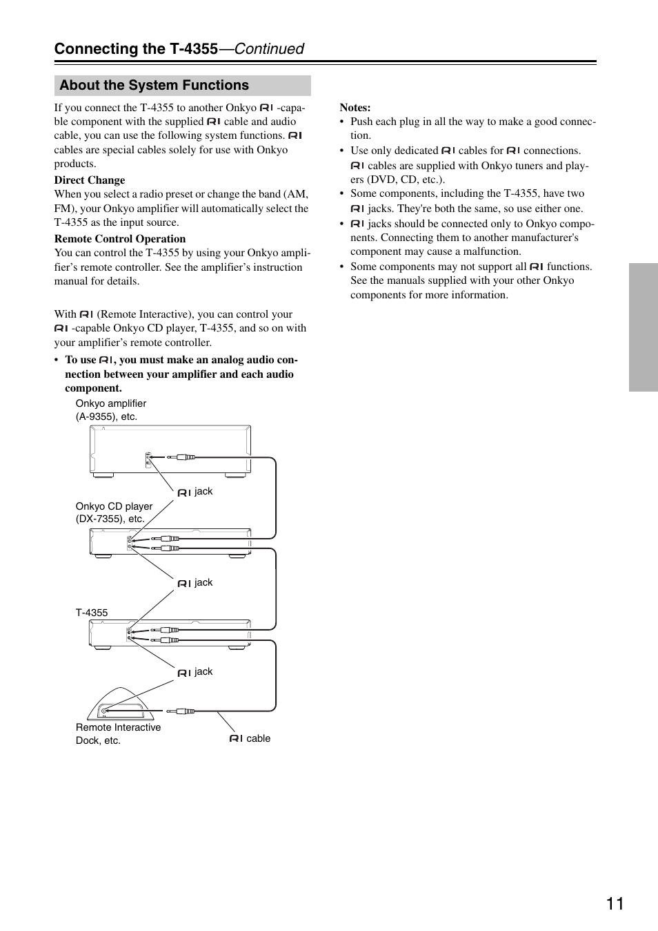 Connecting the t-4355 —continued, About the system functions | Onkyo T-4355 User Manual | Page 11 / 24