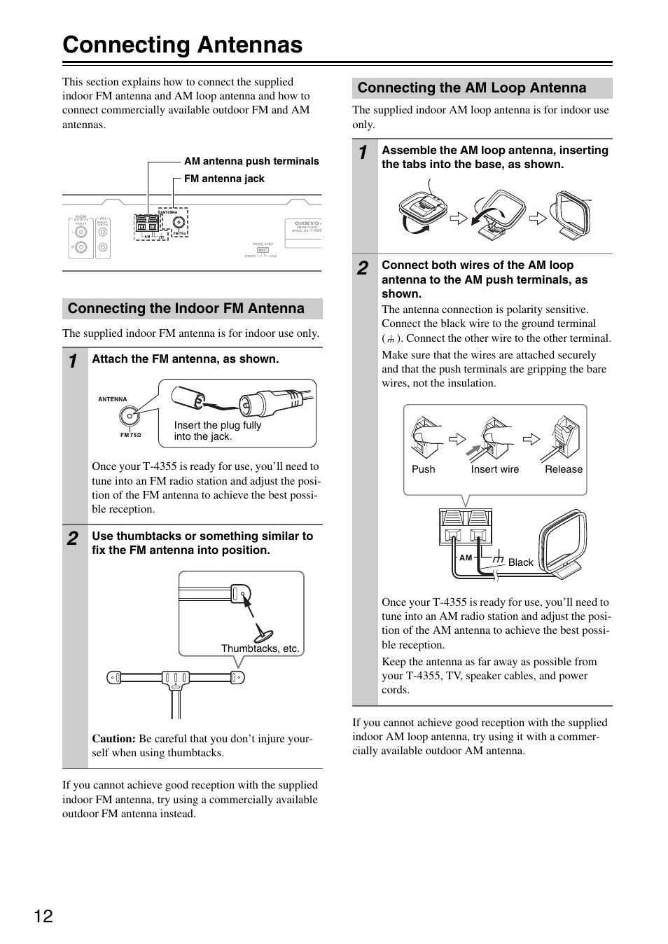 Connecting antennas | Onkyo T-4355 User Manual | Page 12 / 24