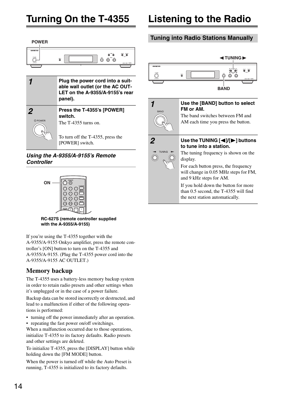 Turning on the t-4355, Listening to the radio | Onkyo T-4355 User Manual | Page 14 / 24