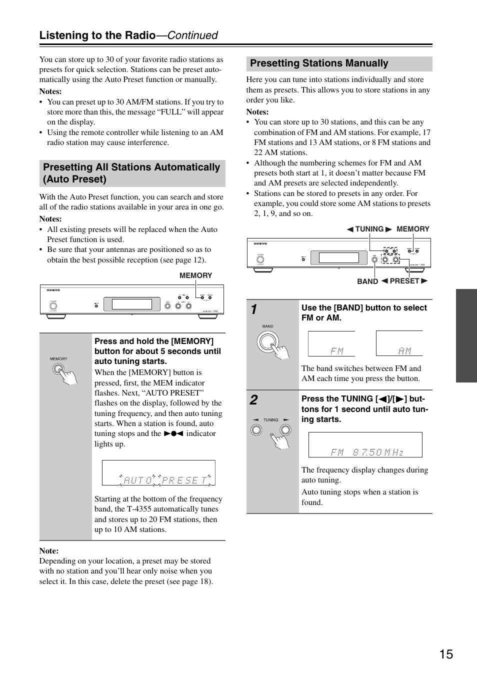 Listening to the radio —continued | Onkyo T-4355 User Manual | Page 15 / 24