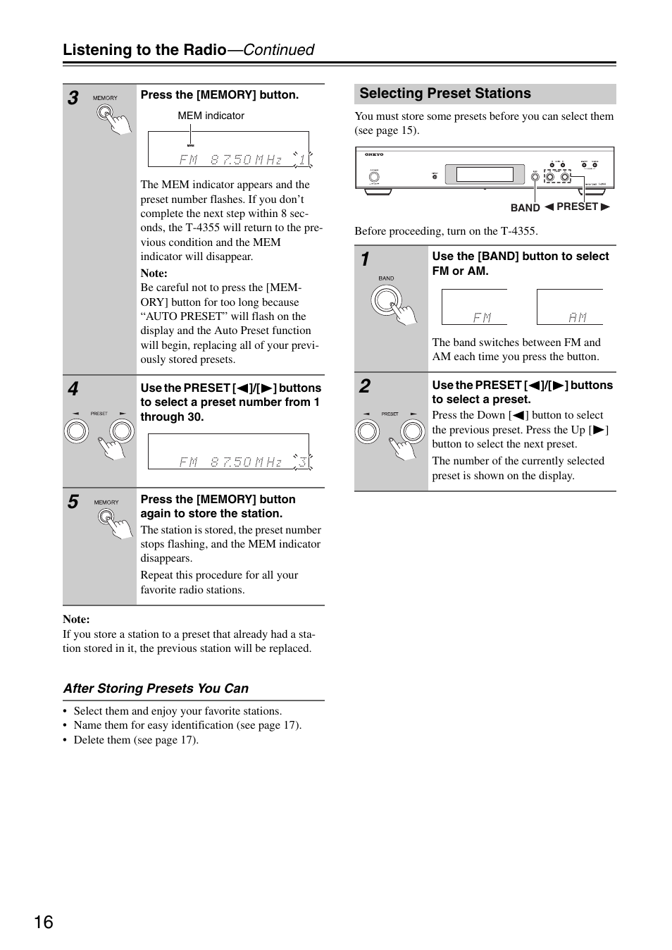 Listening to the radio —continued | Onkyo T-4355 User Manual | Page 16 / 24