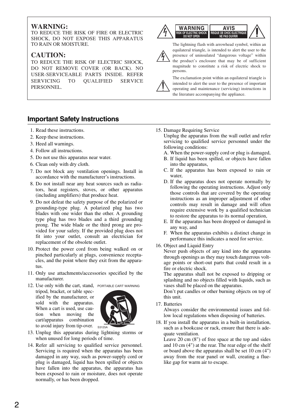 Important safety instructions, Warning, Caution | Onkyo T-4355 User Manual | Page 2 / 24