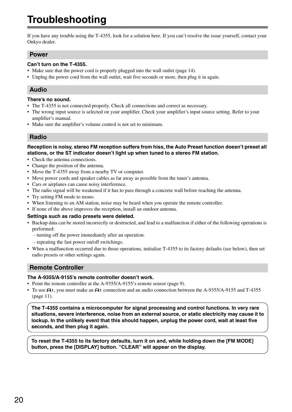 Troubleshooting | Onkyo T-4355 User Manual | Page 20 / 24