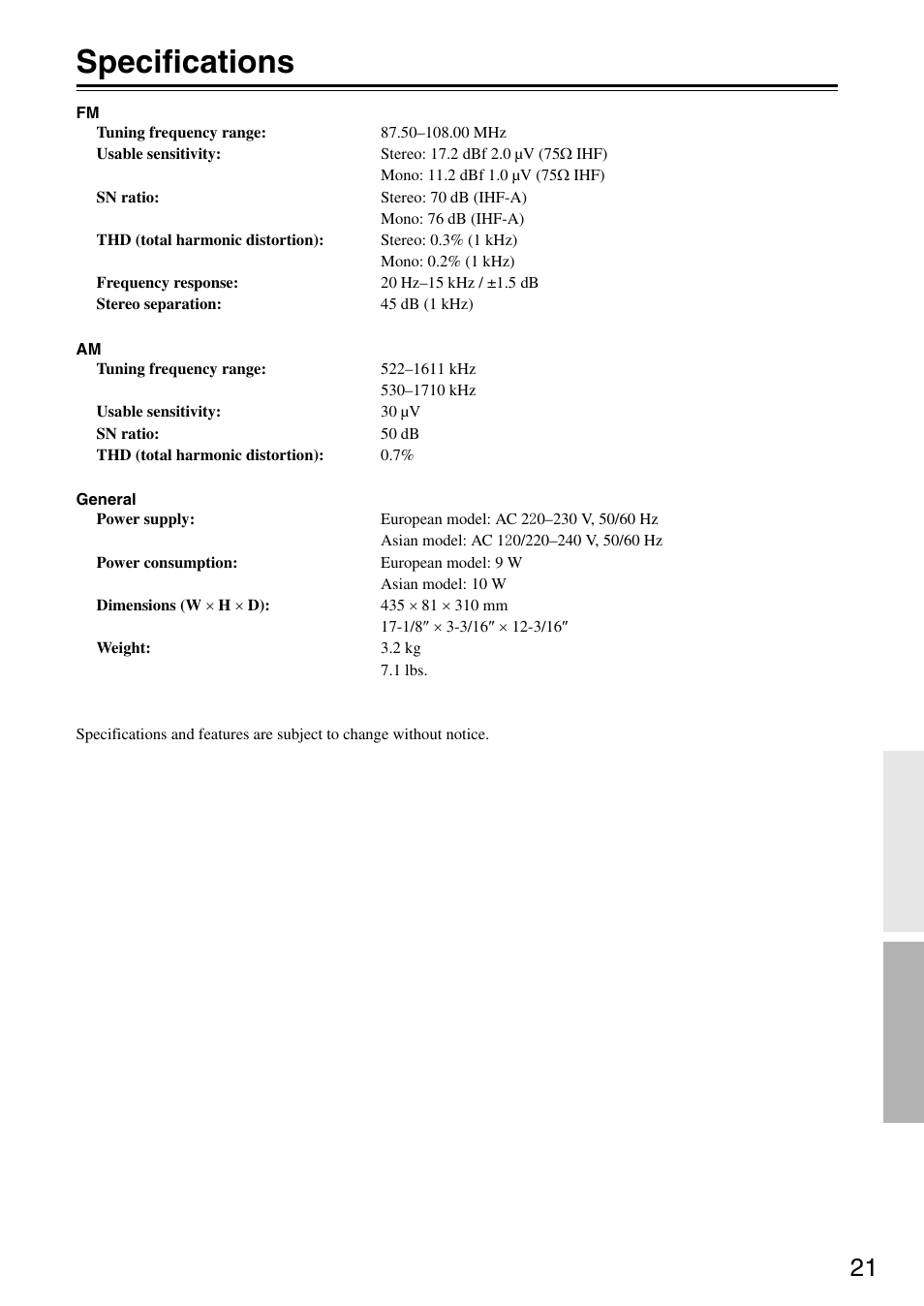 Specifications | Onkyo T-4355 User Manual | Page 21 / 24