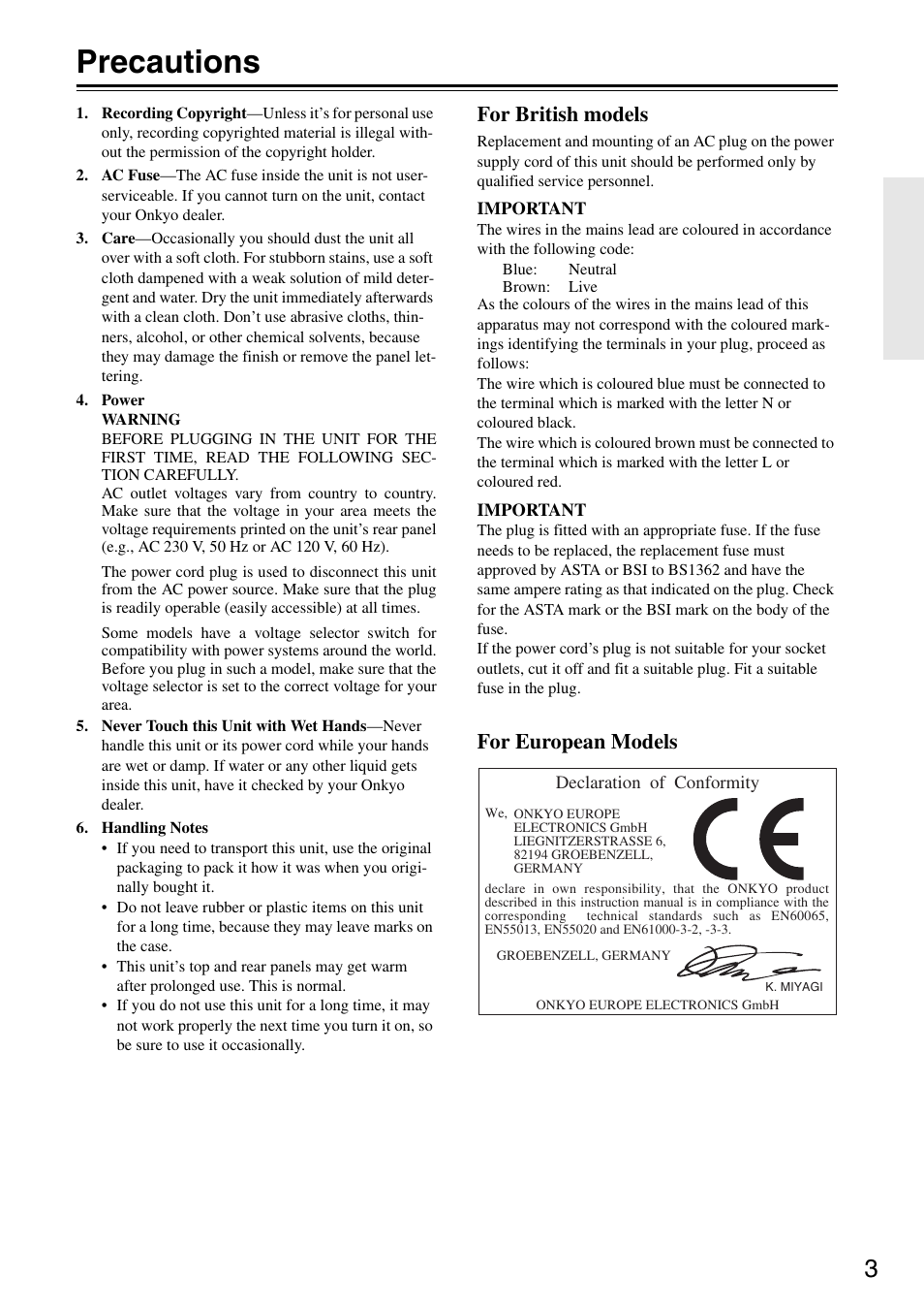 Precautions, For british models, For european models | Onkyo T-4355 User Manual | Page 3 / 24