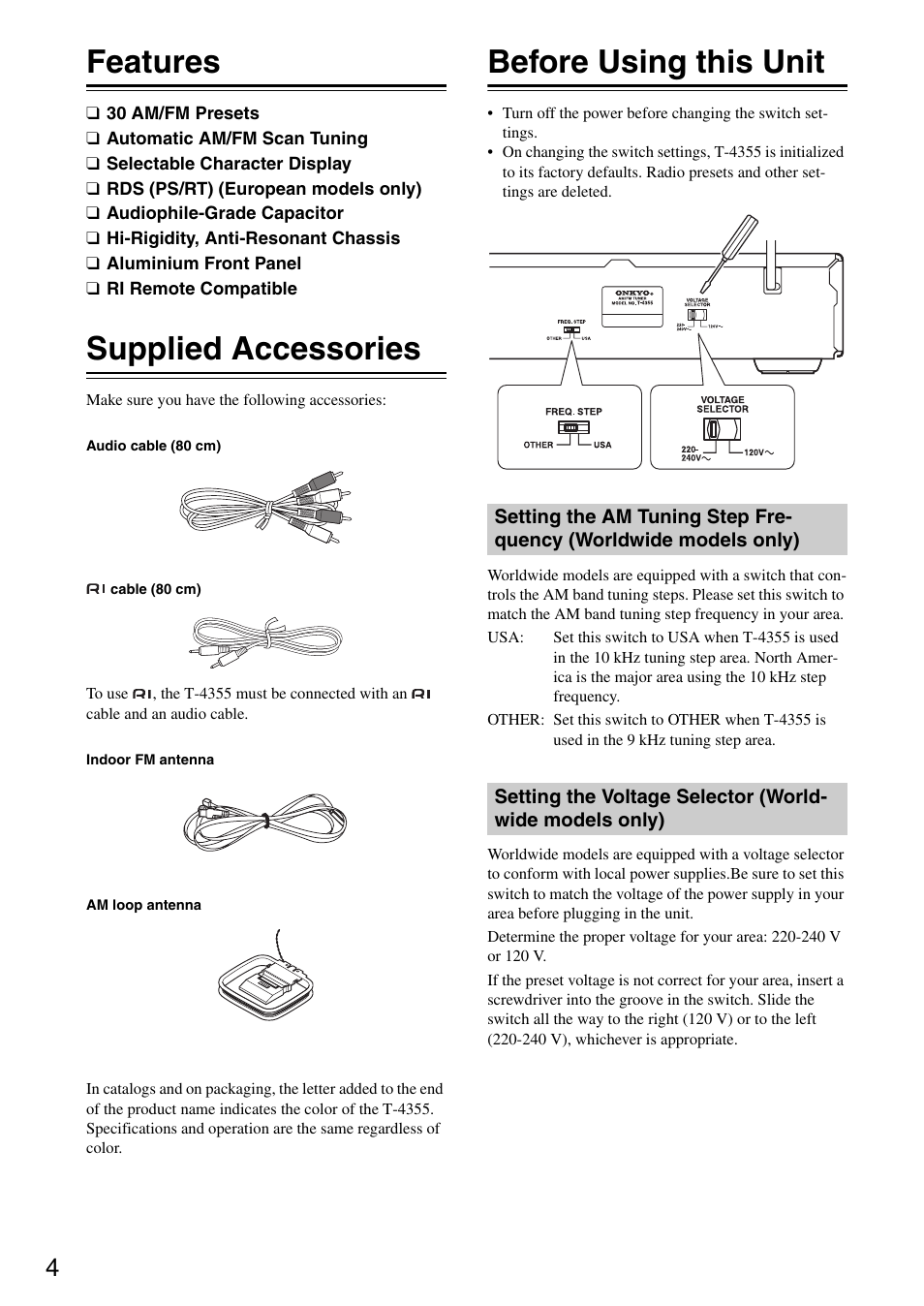 Features, Supplied accessories, Before using this unit | Onkyo T-4355 User Manual | Page 4 / 24