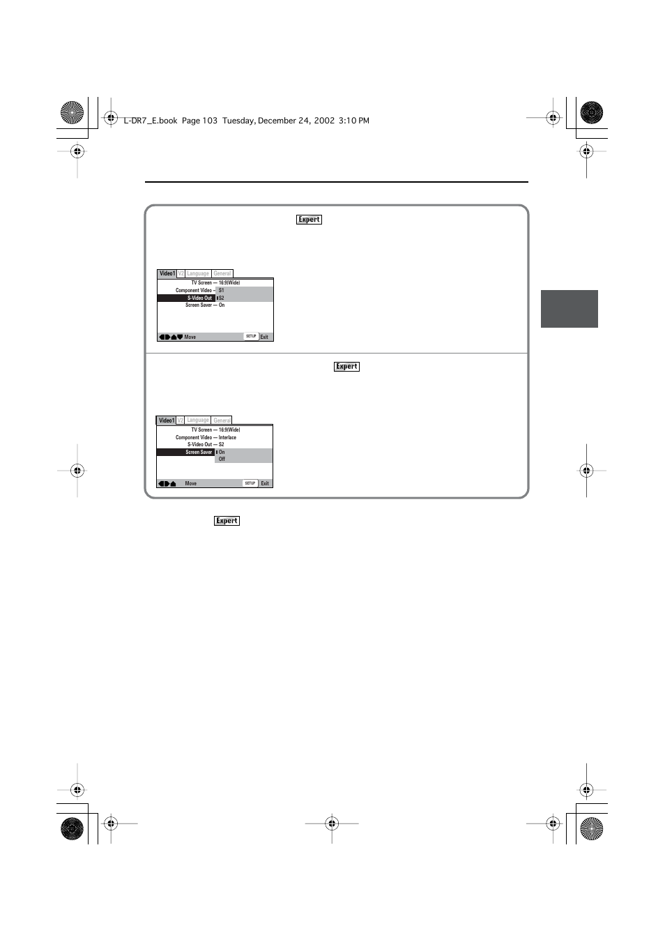 Customizing the function settings, Switching the s video output, Turning the screen saver on and off | Onkyo L-DR7 User Manual | Page 103 / 128