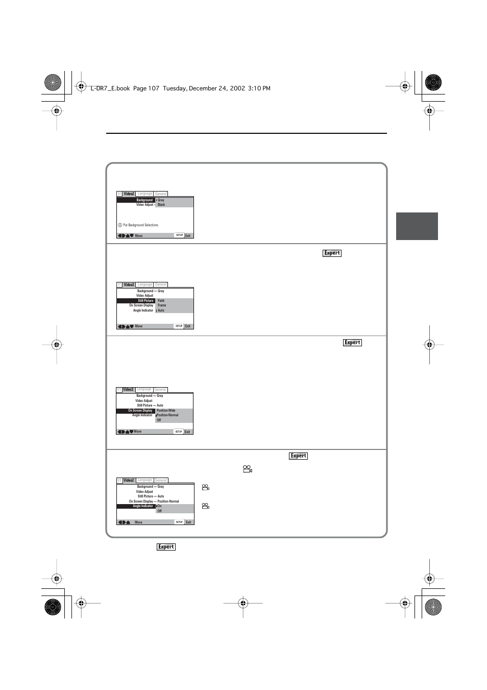 Customizing the function settings, Settings in the video 2 page, Changing the background on the screen [background | Turning the angle mark on or off [angle indicator | Onkyo L-DR7 User Manual | Page 107 / 128