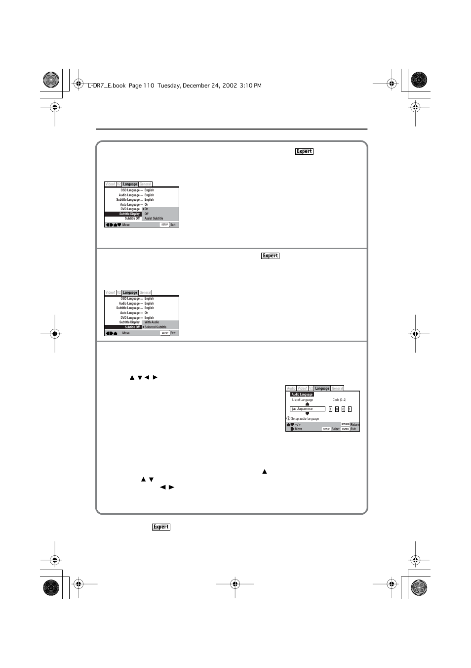 1 use to select [other] and press enter, 2 select [list of language] or [code, 3 press enter | Customizing the function settings, Forcing subtitles to be displayed [subtitle off | Onkyo L-DR7 User Manual | Page 110 / 128