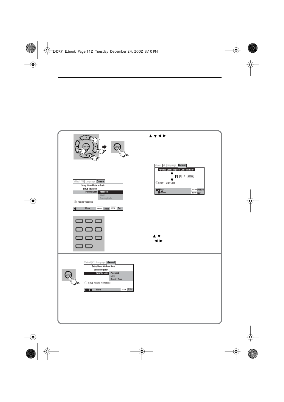 Setting the parental lock level, Entering a password, Customizing the function settings | Enter a 4-digit password, Press enter | Onkyo L-DR7 User Manual | Page 112 / 128