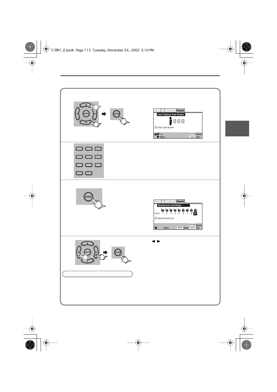 Changing the parental lock level, Customizing the function settings, Select [level], then press enter | Enter the 4-digit password. press enter, Press, Playing a dvd disc that is locked | Onkyo L-DR7 User Manual | Page 113 / 128